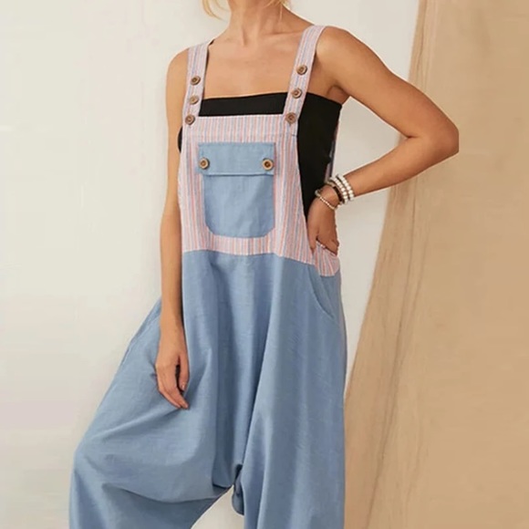Cotton Linen Overalls Light Blue contrast - Picture 4 of 4